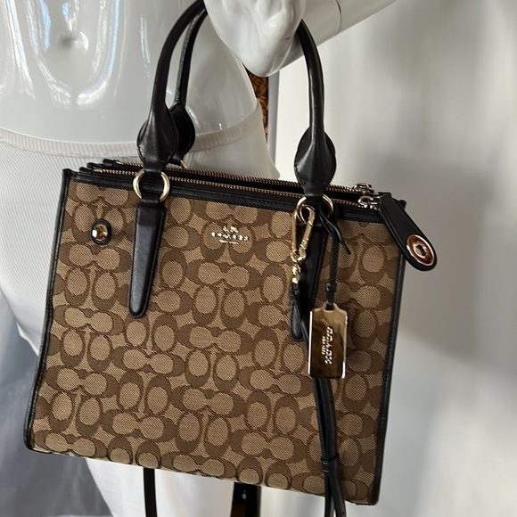 Coach Jacquard Logo and Brown Leather Satchel Shoulder Crossbody Bag - Picture 5 of 16